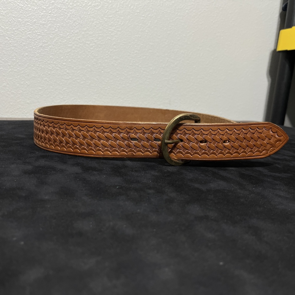 Bianchi Belt Mens 36 Brown Leather Western Tooled Basketweave Solid Brass Buckle